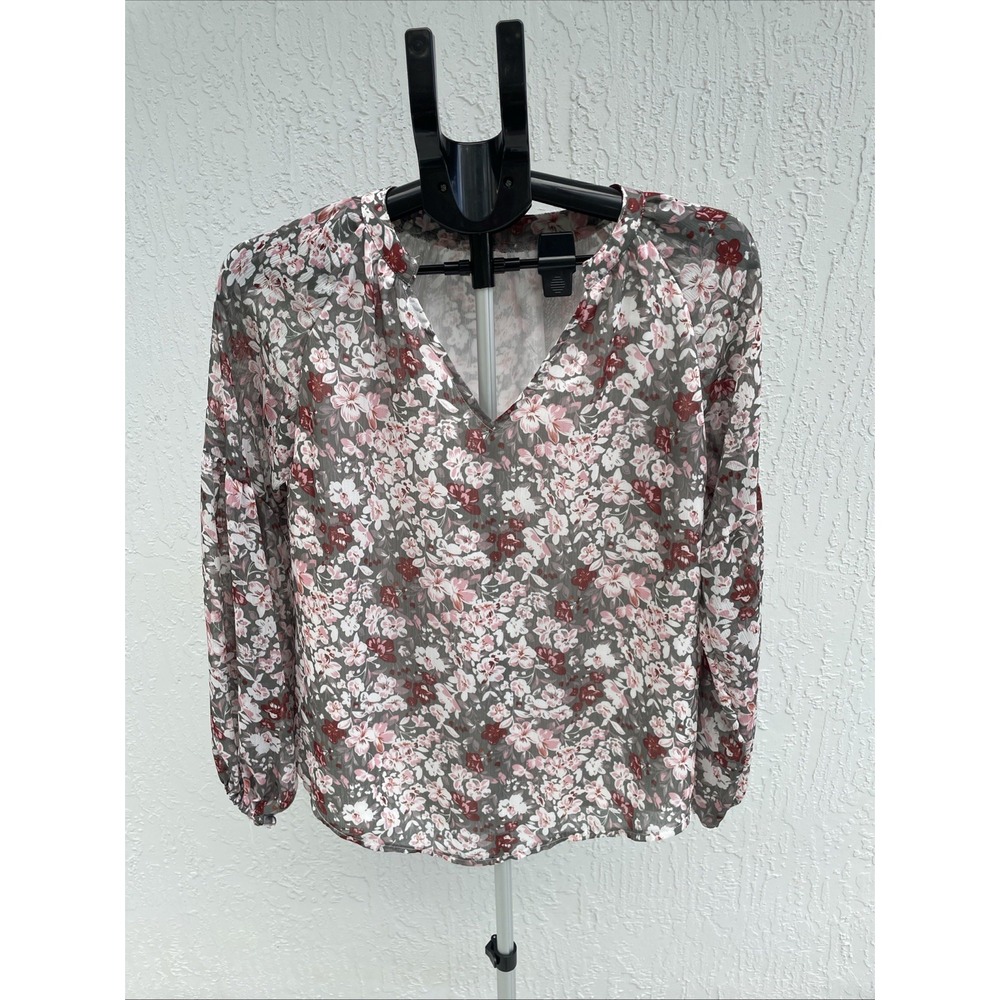 airycore Women Floral Blouse Sheer Lined Boho V-Neck Grey Pink Sz S Long Sleeve